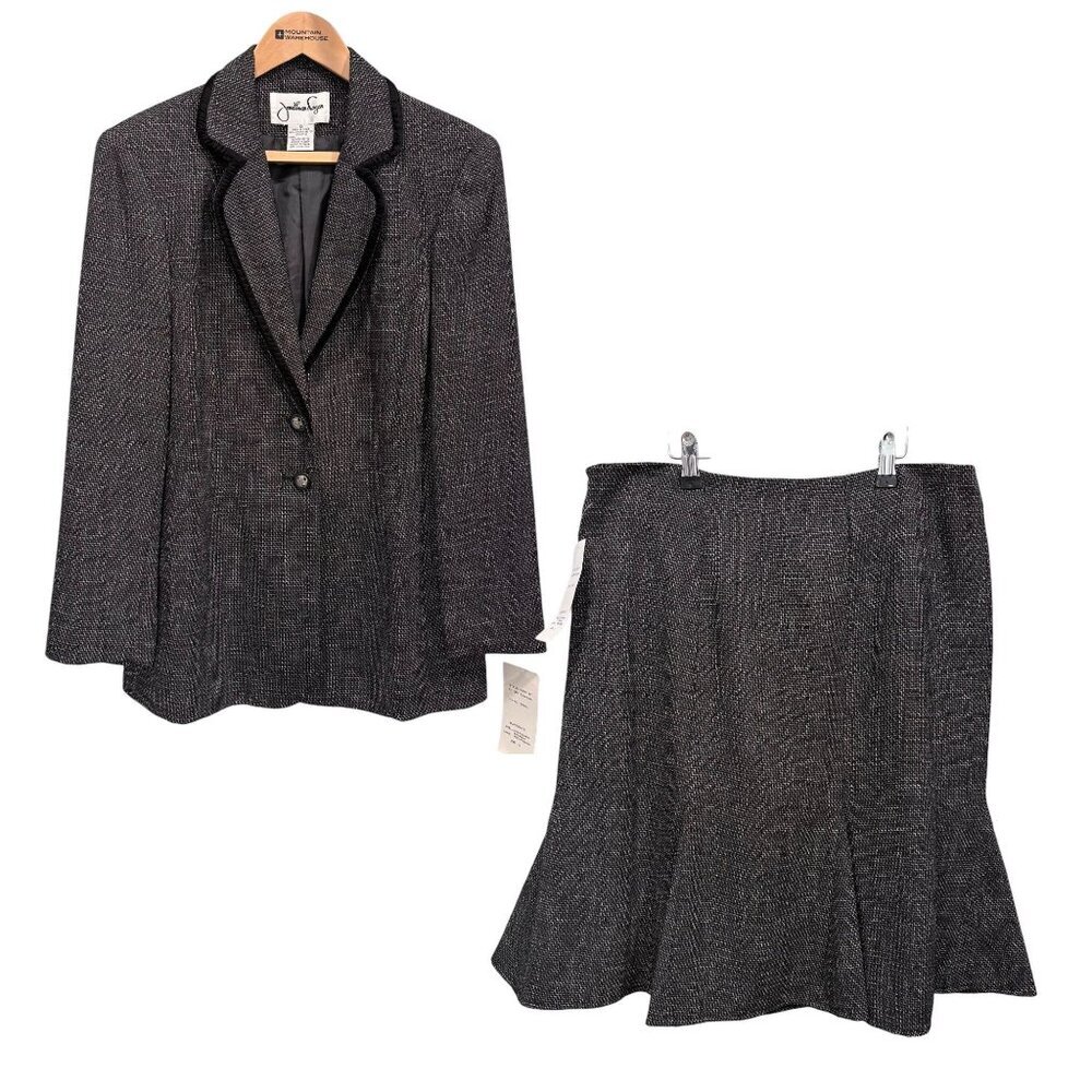VTG Jonathan Logan 2 PC Skirt Suit Tweed Look Career Classic Black Womens 12 NEW